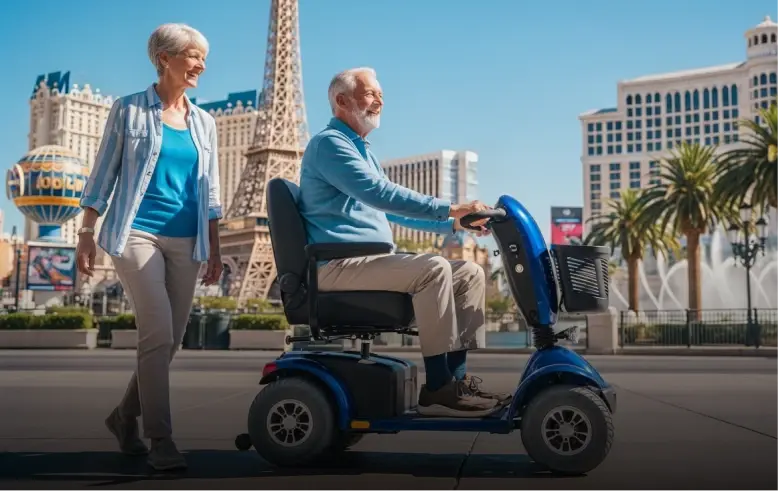 Senior couple enjoying Las Vegas with a mobility scooter rental from Cloud of Goods near the Strip.